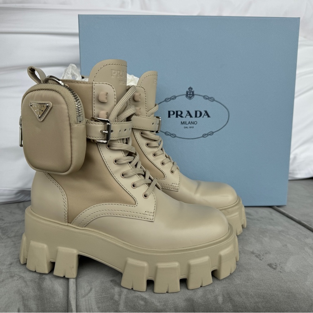 Prada Beige Monolith Combat Boots Leather & Re-Nylon With Pouch | Size 36